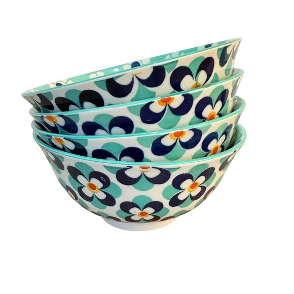 Retro Style Kitchen Bowls Set of 4 Flower Power All Purpose Blue Aqua Soup Salad - Picture 12 of 16